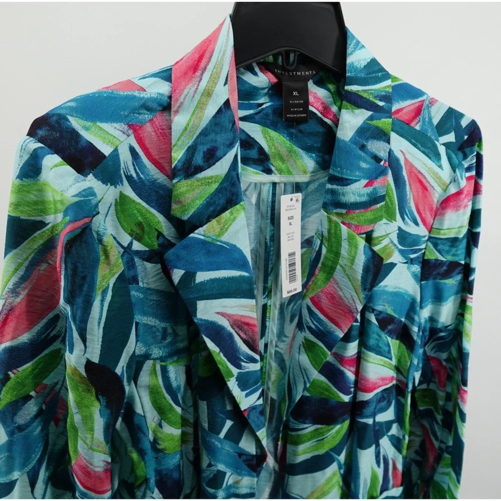 Investments Tropical Leaf Print Open Front Blazer XL Teal‎ Green Pink
